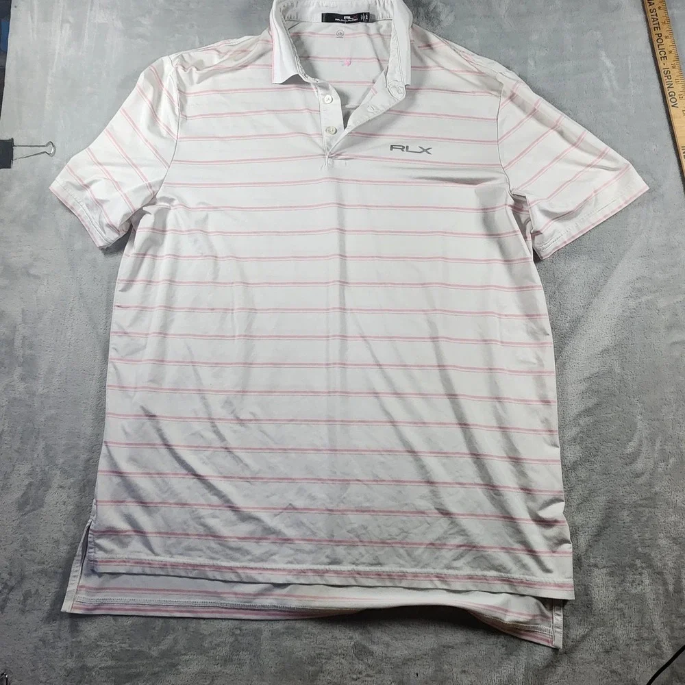 RLX Ralph Lauren Mens Pink White Striped‎ Polo size XL